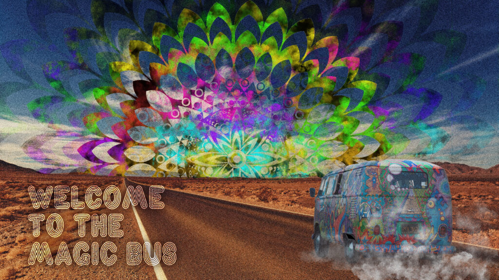 habillage bannière youtube magic bus réalisé sur photoshop, montage photo pour playlist rock thème hippie années 60, mandala